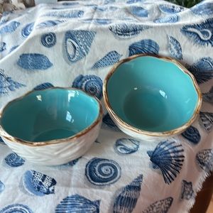 Hand‎ painted bowls with bird nest pattern. Teal insides 2 bowls